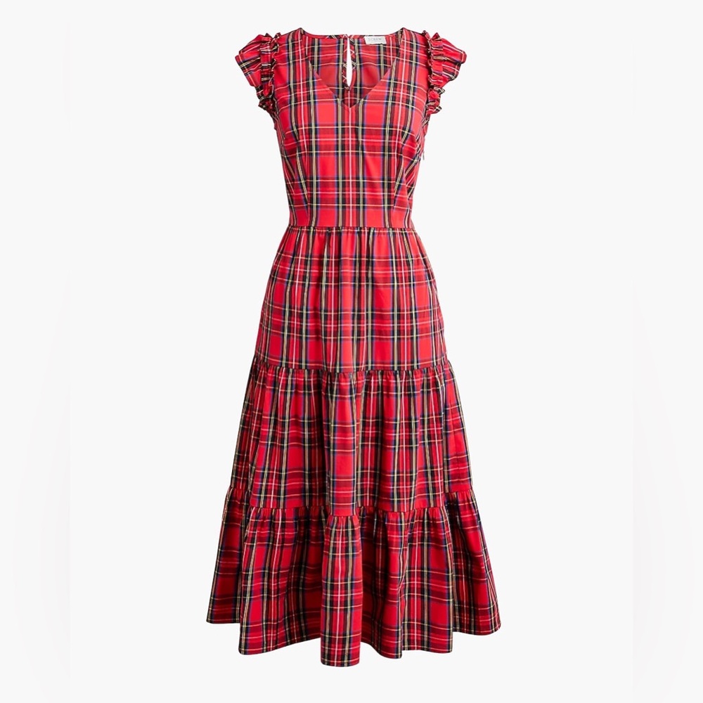 J Crew Factory Festive Chic Red Tartan Plaid Tiered Ruffle Midi Dress Size 6